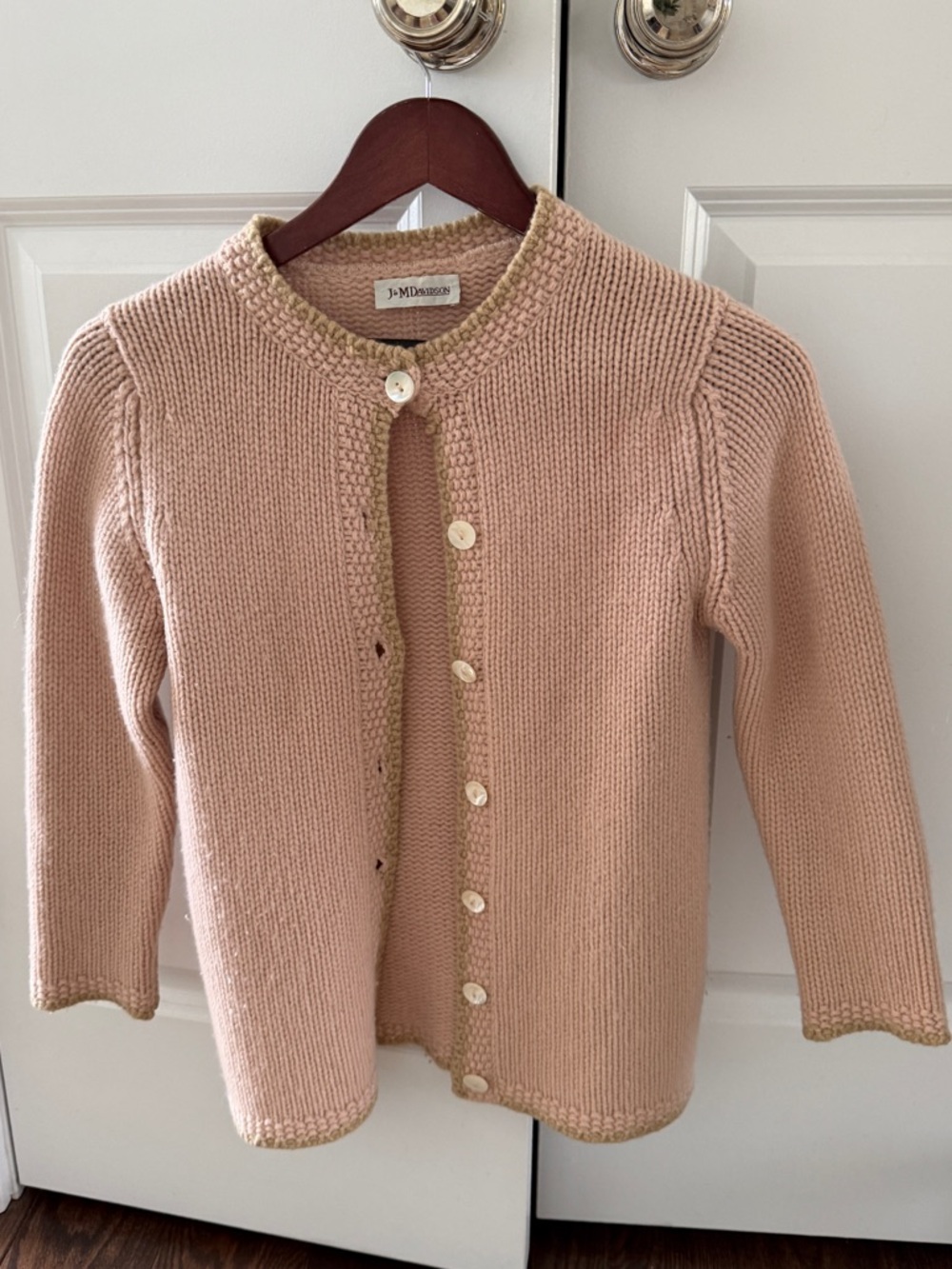 J&M Davidson Pink Lambs Wool Knit Button-Front Cardigan with Cream Trim. Small.